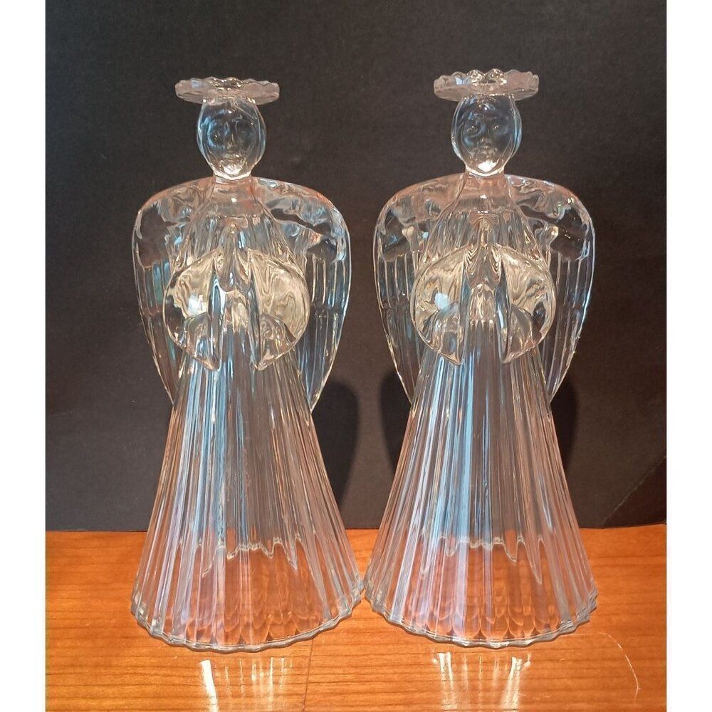 Set of 2 Crystal Glass Angel Candle Holders 7" Tall Christmas